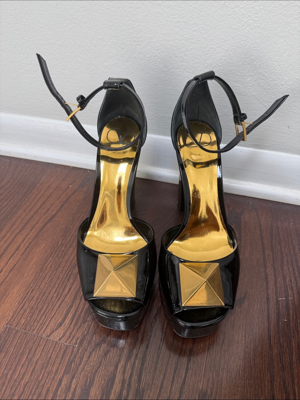 Valentino Black Patent Ankle-Strap Platform Heels with Gold Accents